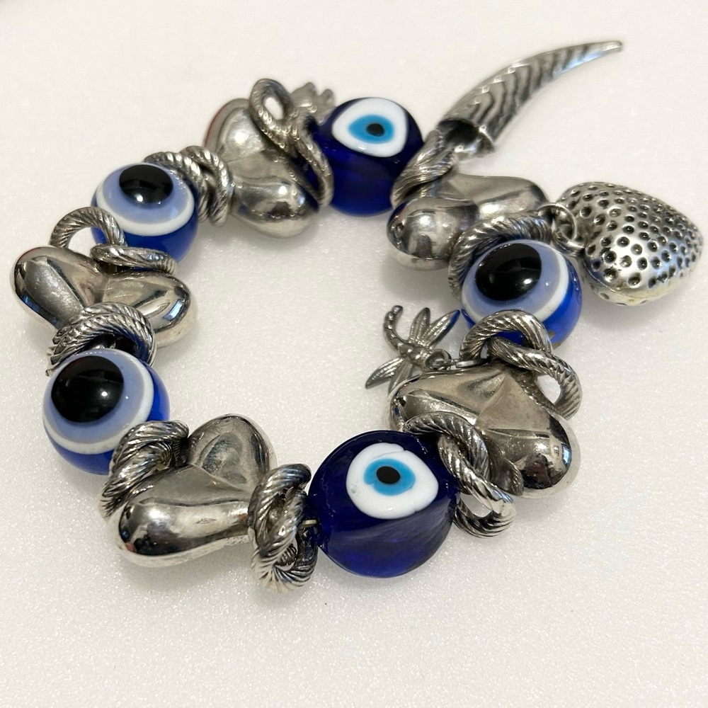 Evil Eyes Glass Stretch Bracelet With Silver Tone Figural Charms